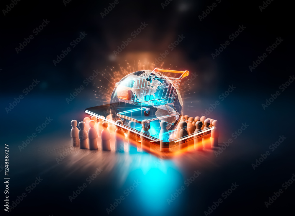Poster wooden figures encircling a glowing globe with light rays emanating outwards, symbolizing global uni