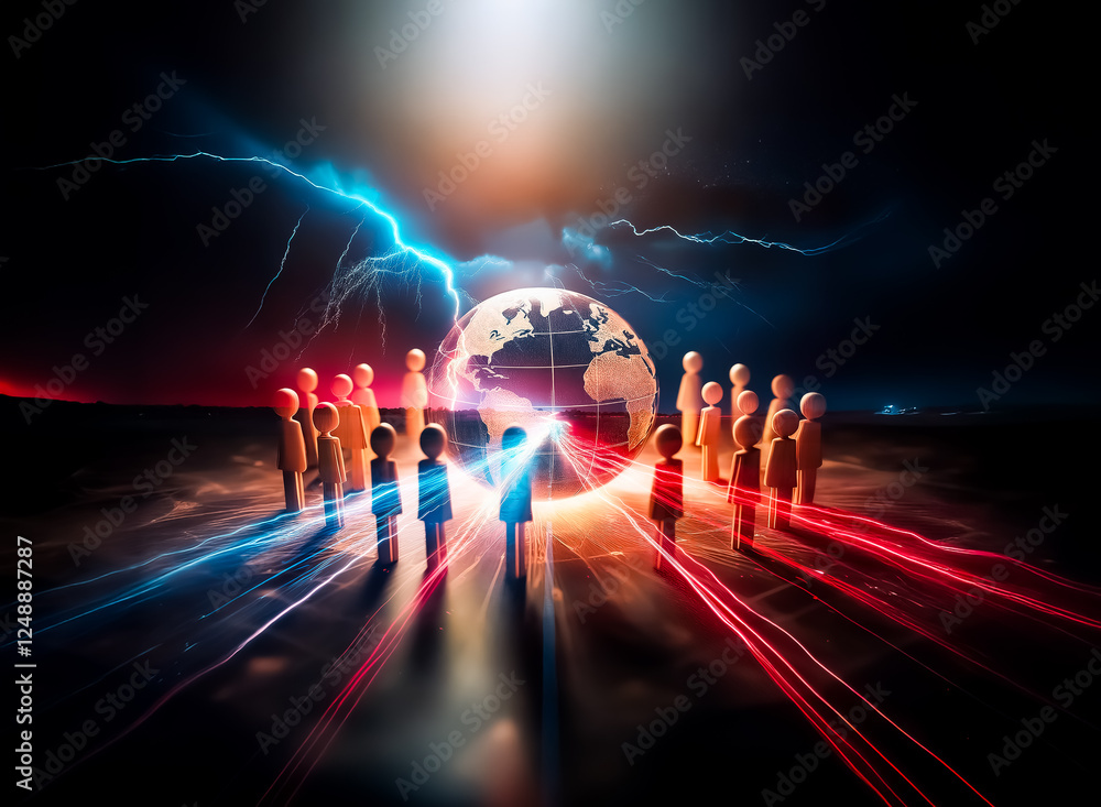 Poster a group of people figures stand in a circle around a glowing globe. a bright light illuminates from 