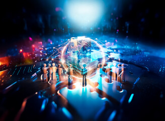 Obraz premium Illuminated globe with network lines surrounded by figures in a dark space. Represents global connection and unity.