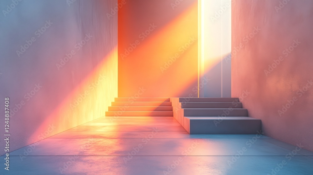 Poster light streams down on a minimalist staircase in a building