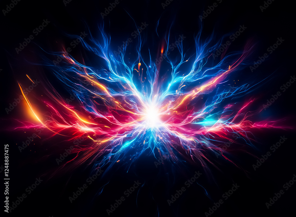 Poster vibrant burst of energy with glowing orange, yellow, and blue light streaks emanating from a central