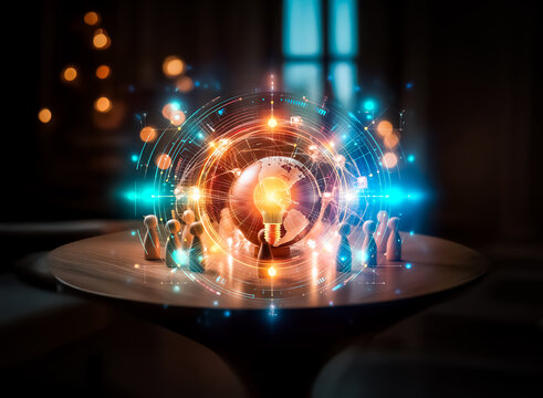 Wooden globe centerpiece on a round table, encircled by small wooden figures and warm glowing lights. A sense of global connection and unity.