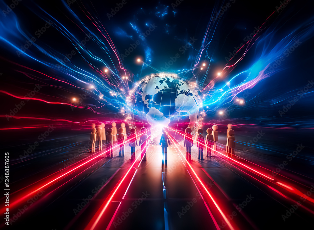 Poster dynamic perspective of red and blue light streaks converge to a bright point against a dark, cloudy 