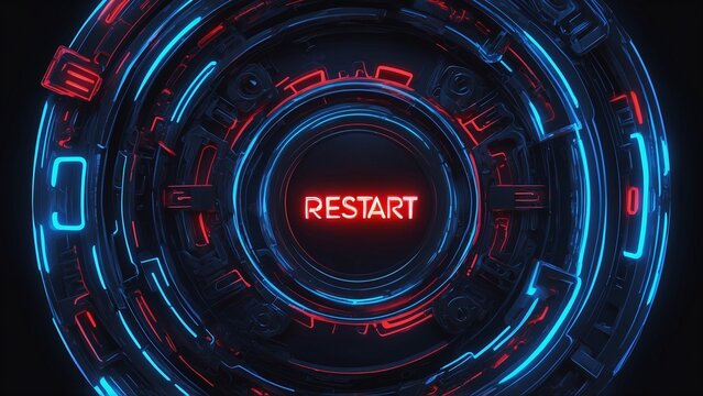 Futuristic restart button glowing in neon blue and red on a dark background for technology concept