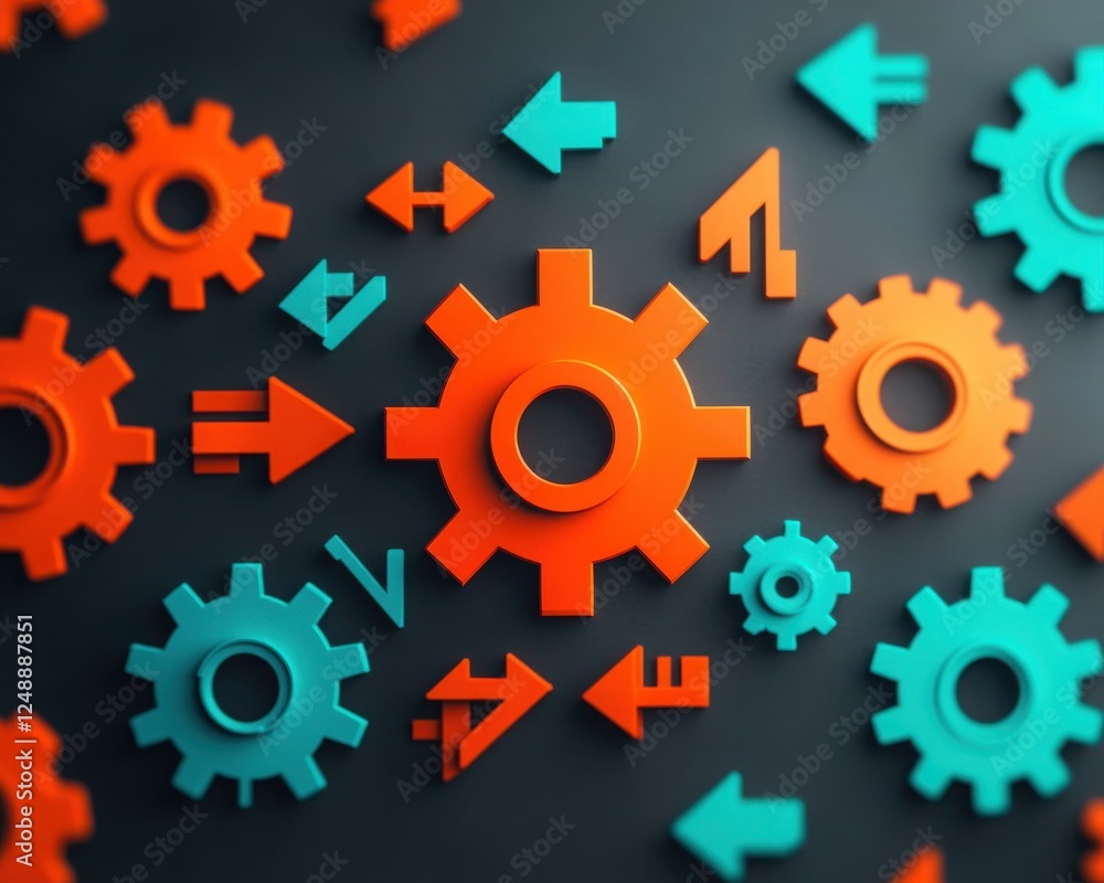 Poster colorful gears and arrows create a dynamic pattern symbolizing innovation and progress in technology
