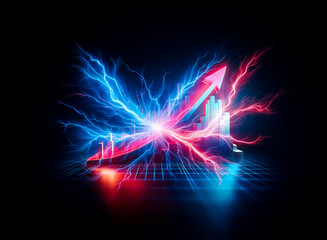 Vivid blue and red lightning streams collide in a powerful display against a black background, generating a burst of radiant energy.