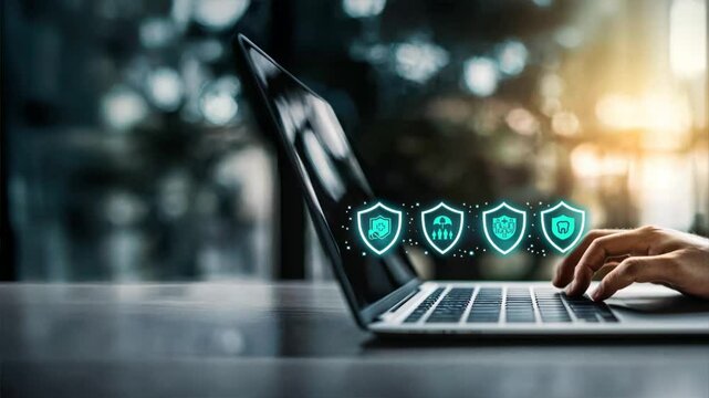 Hand using a laptop with digital shield icons for car insurance and money representing real estate business and healthcare, insurance concept, health insurance, medical insurance