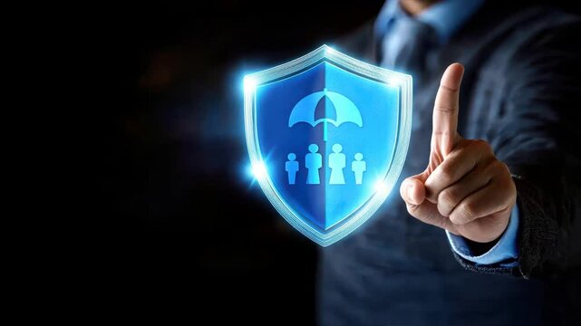 Businessman holding a medical shield icon in one hand and pointing to it with one finger on a dark background, representing healthcare insurance concept, health insurance