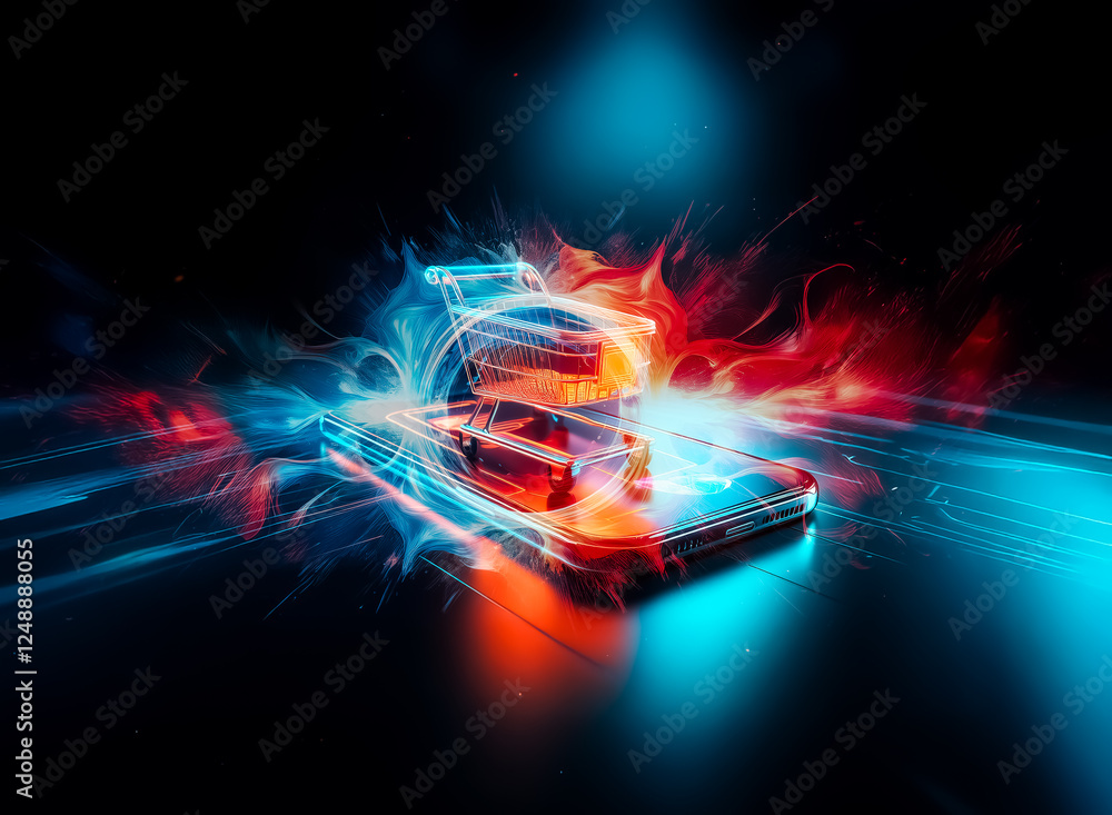 Poster neon shopping cart on mobile phone in a dark, futuristic digital space. online shopping and e-commer