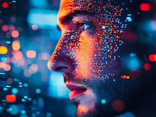 Young man with digital pattern overlay reflecting technology and innovation in a futuristic environment