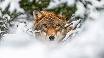 Fototapeta premium Close-up of a wolf piercing eyes surrounded by snow-covered trees