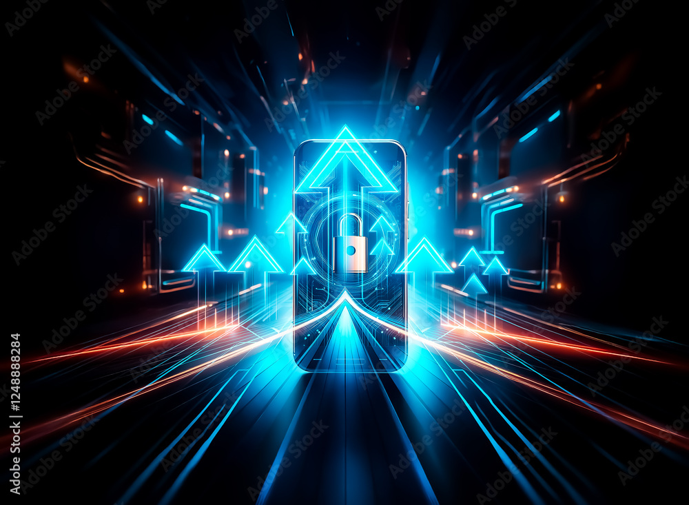 Poster A smartphone displays a golden padlock icon on screen, illuminated by blue and orange digital lines against a dark background, representing technology and security.