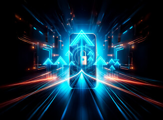 Fototapeta premium A smartphone displays a golden padlock icon on screen, illuminated by blue and orange digital lines against a dark background, representing technology and security.