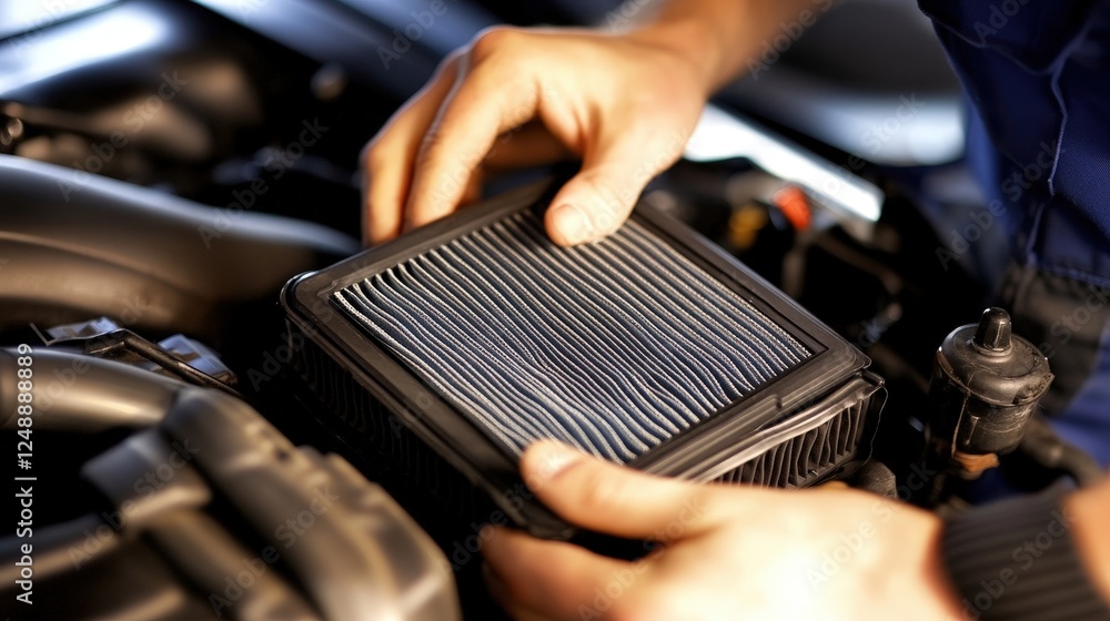 Poster hands replacing car air filter in engine compartment with black components