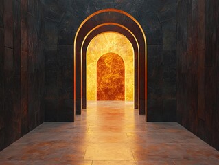 Fototapeta premium A surreal hallway featuring archways leading to a glowing, fiery backdrop, creating an intriguing and mysterious atmosphere.