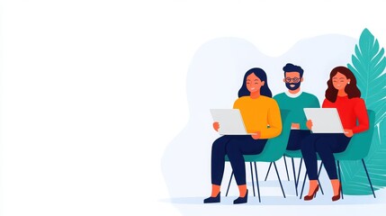 Three diverse professionals working on laptops in a modern and stylish office environment, showcasing collaboration and productivity.