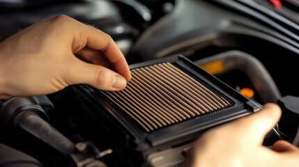 Hands Performing Car Air Filter Maintenance with Brown Filter in Focus