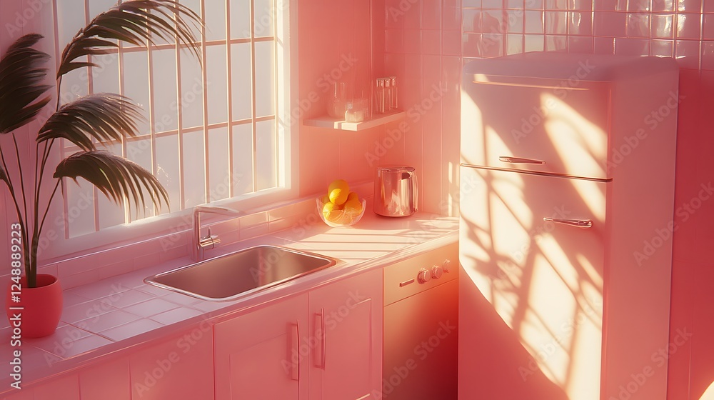 Aufkleber minimalist isometric style emphasizes simple forms in a modern kitchen featuring a sink and a window