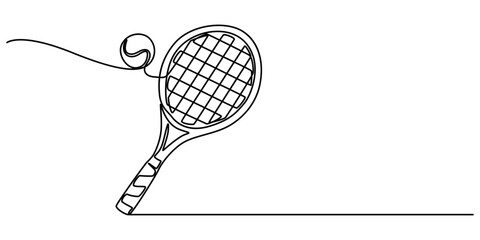 Tennis Continuous Line Illustration, tennis ball and racket one line drawing, Tennis Racket hit ball close up, outline pro vector illustration on white background. minimal concept simple style. 