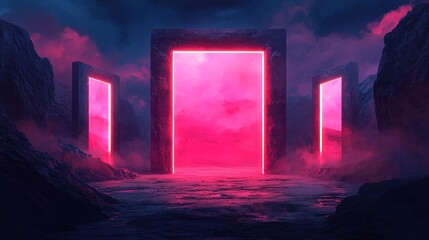 Obraz premium A surreal landscape featuring three glowing pink portals surrounded by dark rocks and misty atmosphere.