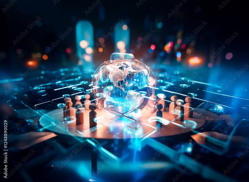 Poster a luminous globe rests on a table surrounded by wooden figures in a dimly lit room with blue and ora