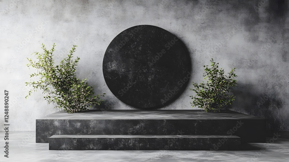 Poster minimalist art simple minimalist composition with a black round mirror on a concrete platform in a s