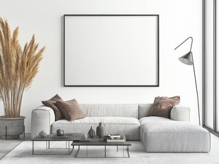 Modern living room mockup, blank poster, sunlit apartment, minimalist decor