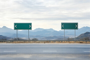 Highway crossroads, two green direction signs pointing to the left and right, set against a backdrop of distant mountains and cloudy skies
