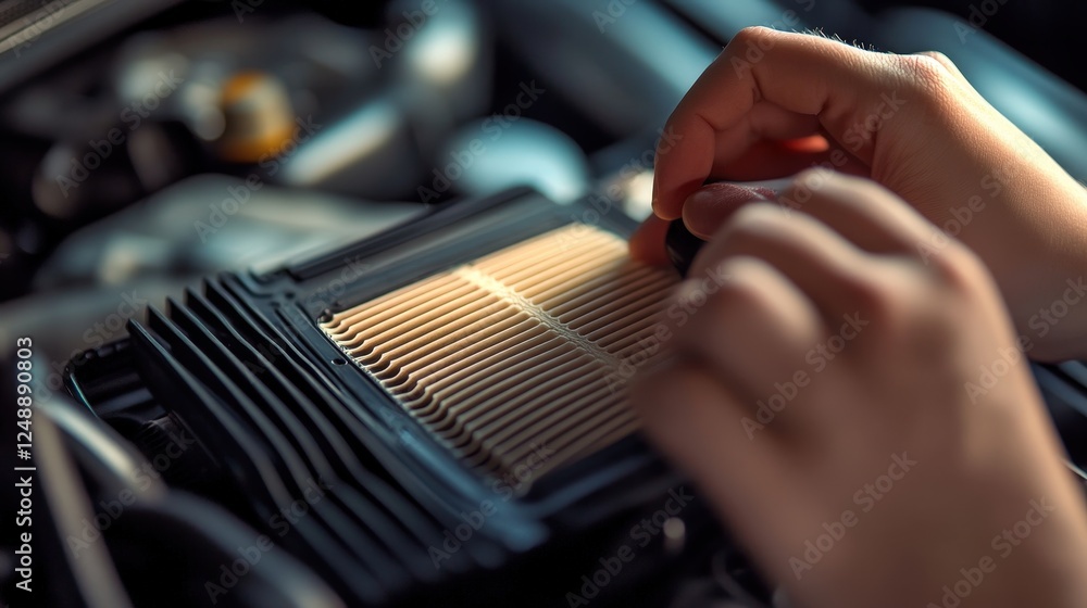Poster hands installing air filter in engine bay with soft lighting