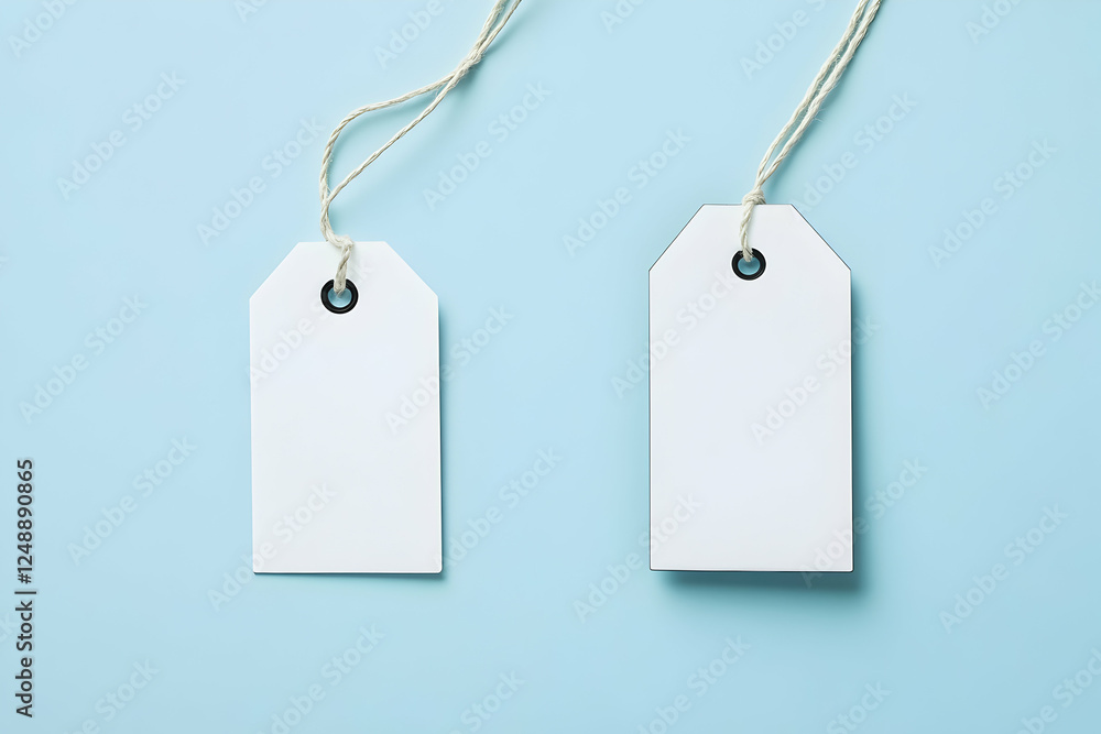Poster two blank price tags with string on a soft light blue background, ideal for adding text or graphics 
