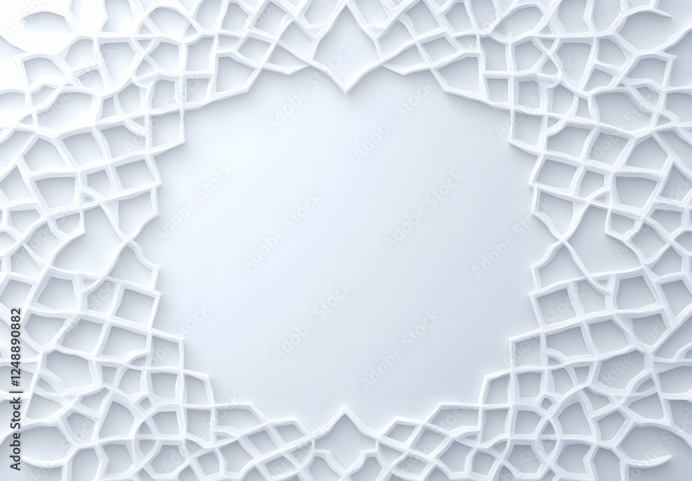 Poster intricate white arabesque pattern radiating from the edges, framing a spacious central area with sub