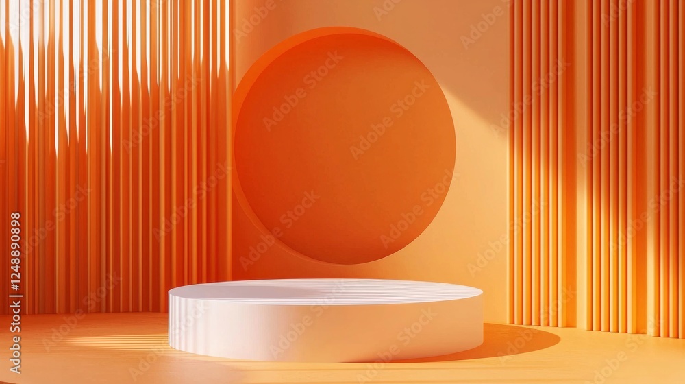 Poster vibrant orange and white backdrop presents a stylish podium with circular features, ideal for minima