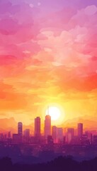 Fototapeta premium Urban Sunset Skyline, Colorful Cityscape Silhouette with Orange, Pink, Purple Hues, and Bokeh