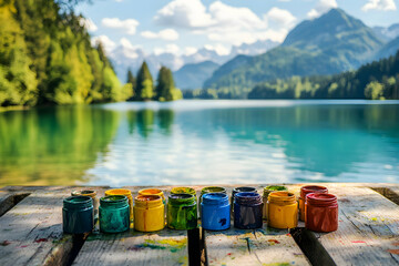 Fototapeta premium Ethereal vista of Alpsee lake captured behind vividly hued paints, creating a symphony of nature and artistic expression on a weathered wooden deck