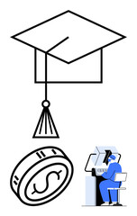 Graduation cap, dollar coin, person studying at computer. Ideal for education, finance, online learning, academic achievement, budgeting career planning. Line metaphor
