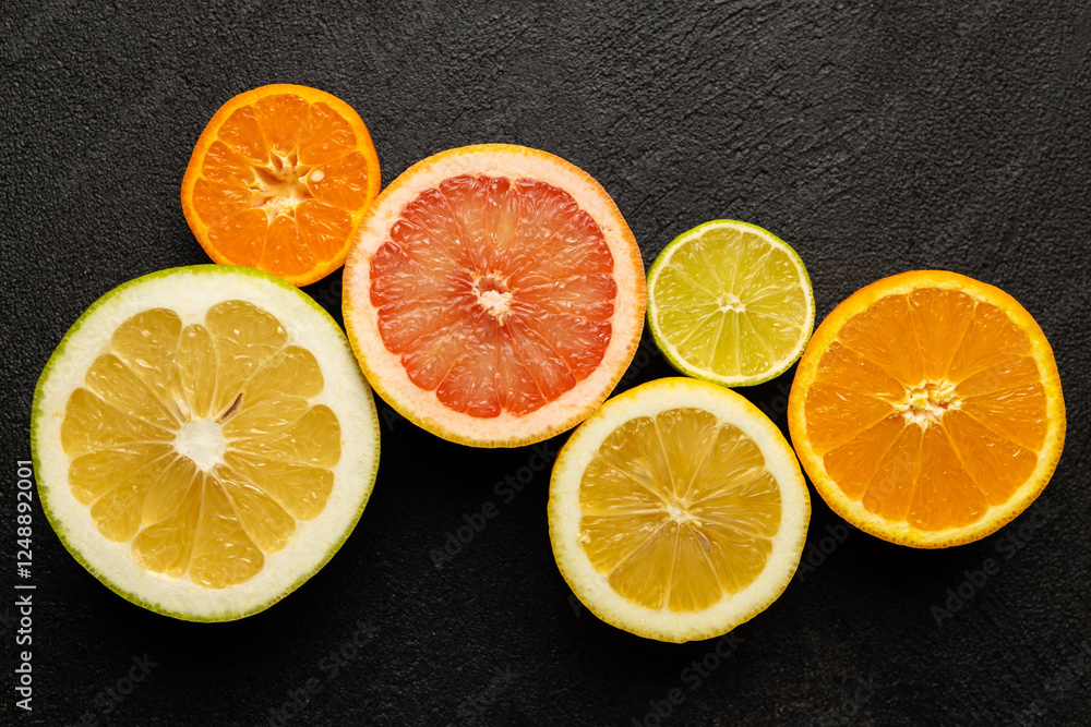 Aufkleber a close up of several oranges and limes on a black background. the oranges are sliced and arranged i
