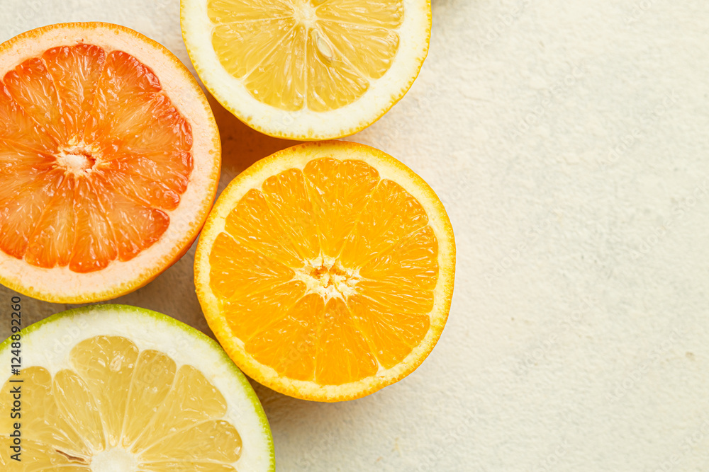 Poster a close up of four oranges and a grapefruit. the oranges are cut in half and the grapefruit is cut i