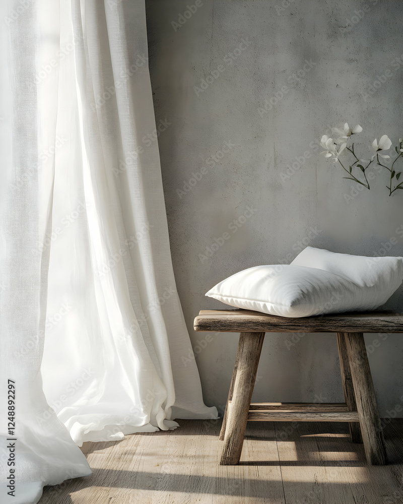 Poster serene minimalism, sunlight filters through sheer white curtains illuminating a rustic stool with a 