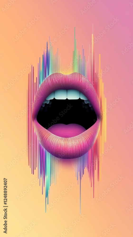 Aufkleber Colorful soundwaves emanating from open, singing lips create a vibrant and dynamic visual representation of music, voice, and expression on a gradient background