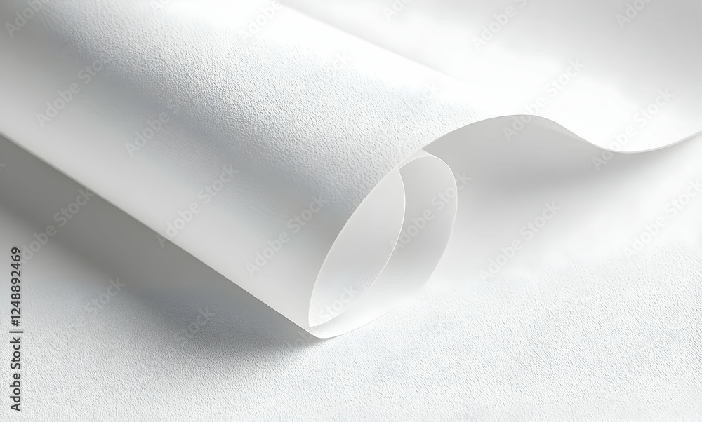 Poster abstract monochromatic composition featuring a pristine white paper roll with a delicately textured 