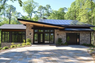 Modern stone house, solar panels, wooded lot, driveway