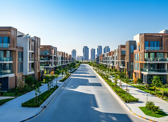 Obraz premium Contemporary suburban living, A view down a tree-lined street showcases modern townhouses against a backdrop of city skyscrapers on a clear day
