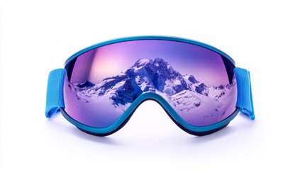 Blue ski goggles reflecting snowy mountain peak, winter sports, white background, advertising