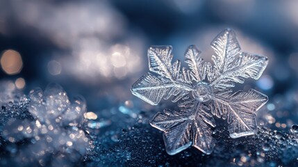 Intricate snowflake, winter scene, ice crystals, bokeh background; holiday card