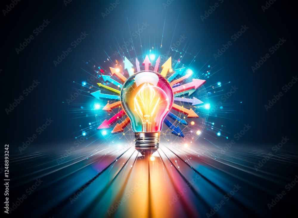Poster a vibrant light bulb emits bright rays and particles, creating a futuristic and conceptual image aga