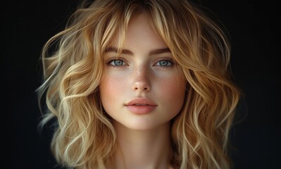 Naklejka premium Elegant blonde woman with wavy hair smiling in natural light portrait