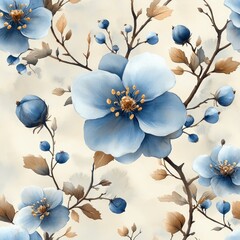 Watercolor Floral Pattern with Blue Flowers and Green Leaves for Textiles and Backgrounds