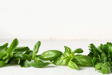 Fresh aromatic herbs on light table, closeup