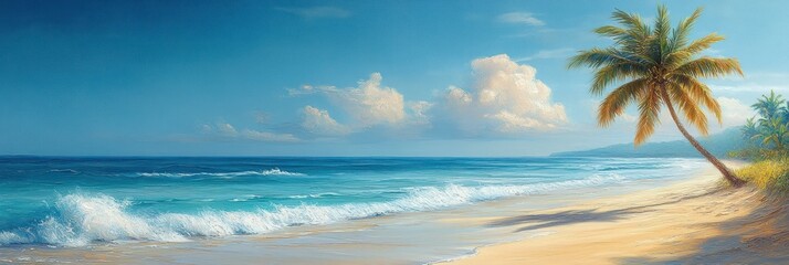 Obraz premium tropical beach sunset with palm tree and turquoise ocean waves