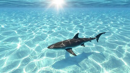 Obraz premium A great white shark gliding through crystal-clear water with sunlight rays